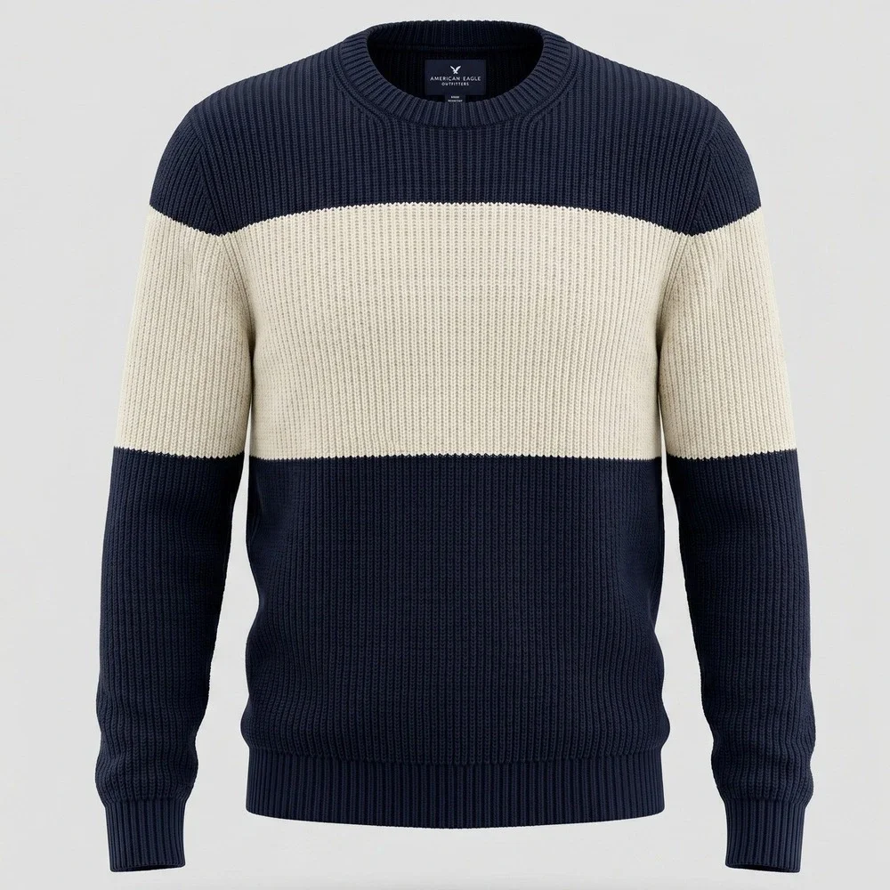 American Eagle Mens M Navy Blue Sweater Colorblock Ribbed Knit Crewneck Pullover